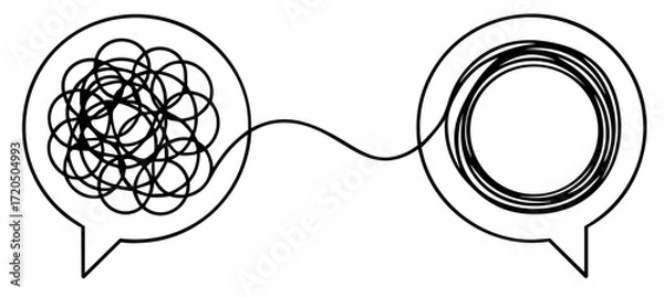 Fototapeta communication process with two speech bubbles connected by a line, one chaotic tangle of thoughts and the other ordered circles, dialogue, psychotherapy