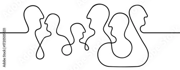 Fototapeta human faces drawn with one continuous line, communication, dialogue, interaction, teamwork, relationships, social connection