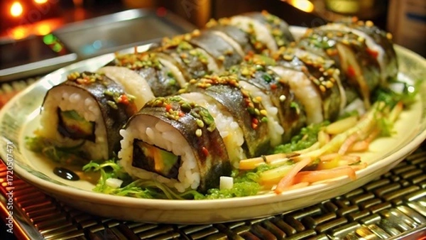 Obraz Plate of Sushi Rolls with Avocado and Seaweed microchips