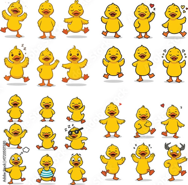 Fototapeta Cartoon vector illustration of ducklings in different poses with varied expressions.