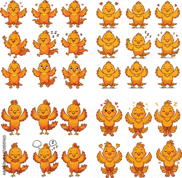 Fototapeta Cartoon chicks in various poses with expressions