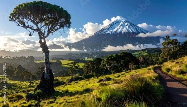 Obraz Volcanic Mountain Majesty Over Lush Green Valley