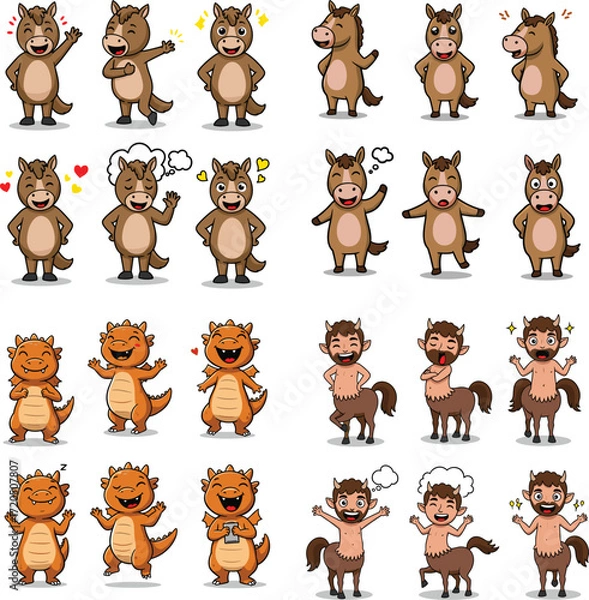 Fototapeta Cartoon characters: horse-person, dragon, and centaur, with different expressions
