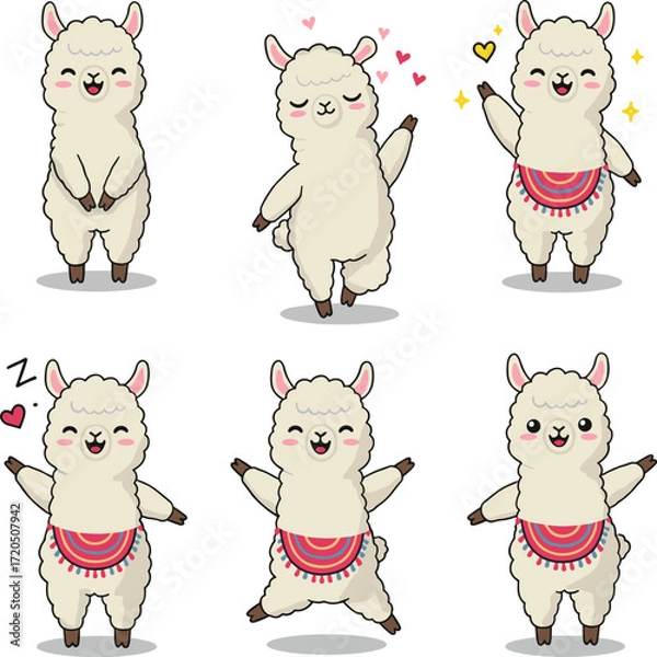 Fototapeta Collection of happy cartoon llamas with various poses and expressions
