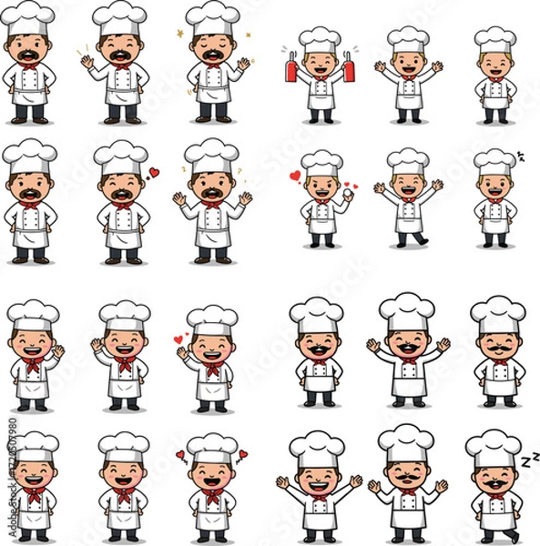 Fototapeta Cartoon chef collection. Vector illustration of chefs in different poses and emotions on white background.