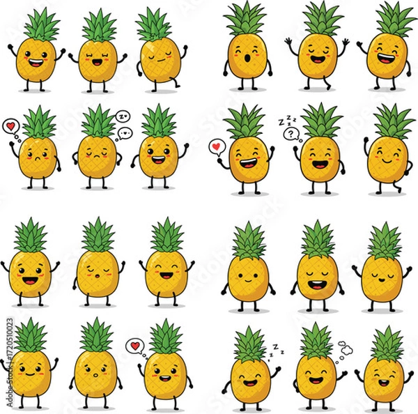 Fototapeta Cartoon pineapple characters with different expressions, vector set
