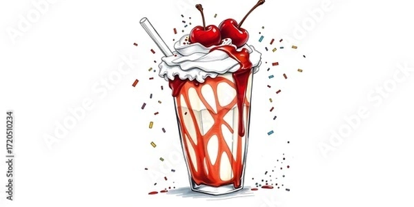 Fototapeta A fun, hand-drawn illustration of a whipped cream-topped milkshake with cherries, dripping syrup, and colorful sprinkles on a clean white background.