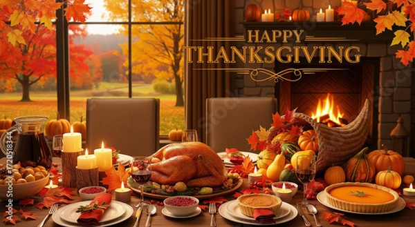 Fototapeta Table spread showcases a thanksgiving feast with fall decor. Suitable for autumn themed marketing materials, social media posts, or seasonal design projects.