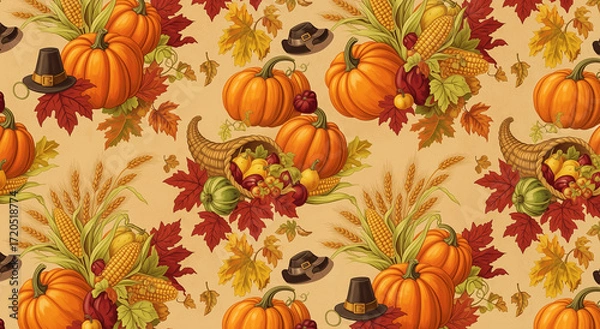 Fototapeta Thanksgiving seamless pattern featuring fall icons. Ideal for festive backgrounds, fabric prints, stationery, and seasonal decorations with a warm autumn touch.