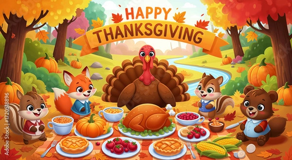 Fototapeta Delightful thanksgiving feast with woodland creatures perfect for autumn themed designs, invitations, greeting cards, and seasonal illustrations. Enjoy the charm.