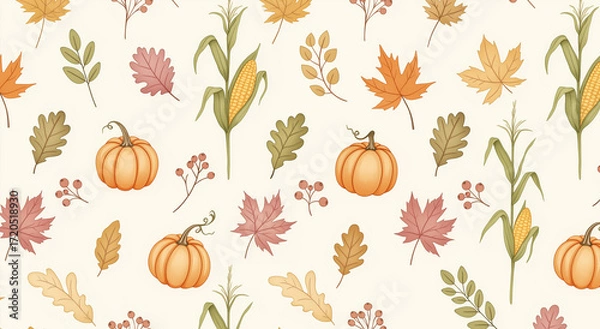 Fototapeta Seamless pumpkin, leaf, and corn pattern ideal for autumn designs. Perfect for fabric, wrapping paper, or seasonal decorations projects.
