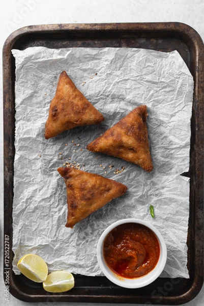 Fototapeta Overhead view of samosa with dip on parchment paper, top view of beef samosa on a white background