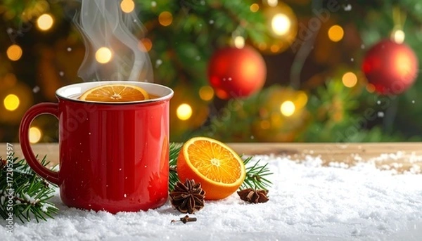 Obraz Warm winter beverage beside snowy christmas tree lights