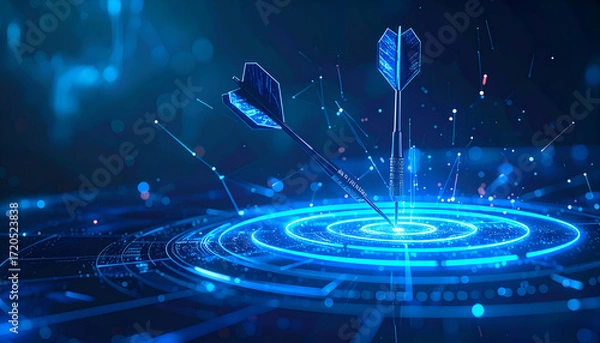 Obraz Digital abstract target with neon blue glow and dart in center, concept of achievement and success.