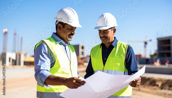 Fototapeta Construction planning discussion building site business meeting daylight close-up collaboration strategies