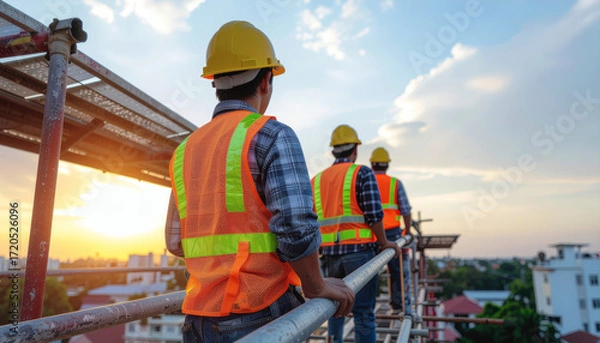 Fototapeta Construction workers engaged in site preparation at sunset urban environment photography industrial viewpoint teamwork concept