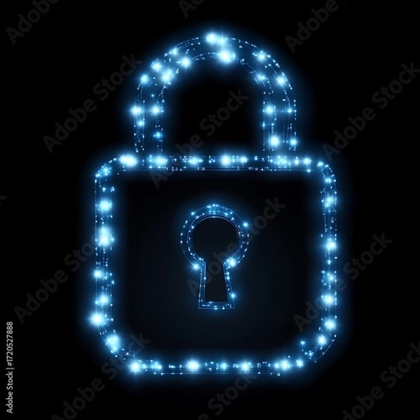 Obraz Glowing blue padlock on black background