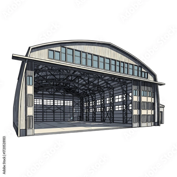 Fototapeta Vector Illustration of Industrial Warehouse Building in Modern Minimalist Style with Neutral Gray and Blue Colors