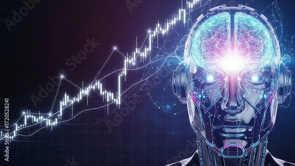 Fototapeta A futuristic AI robot with a glowing brain and eyes connects to a digital candlestick chart, symbolizing the powerful role of AI in financial analysis.