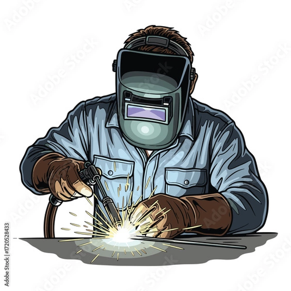 Fototapeta Vector Illustration of Welding Worker in Protective Gear in Modern Style with Neutral Colors