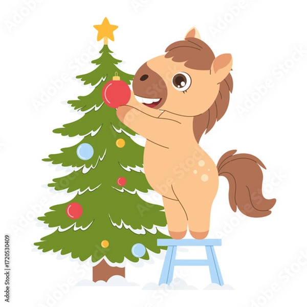Fototapeta 2026 is the Year of the Horse. A cute pony decorates the Christmas tree. A festive illustration perfect for New Year's cards, children's designs, and winter holidays.