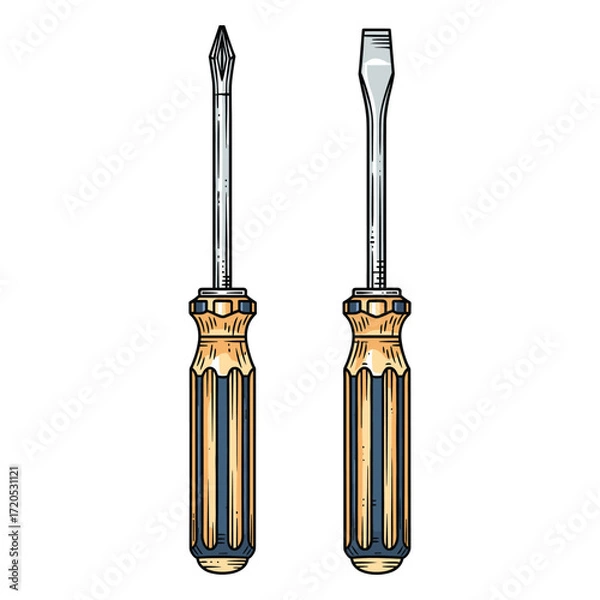 Fototapeta Vector Illustration of Screwdriver and Flathead Screwdriver in Modern Style with Natural Wooden Handles