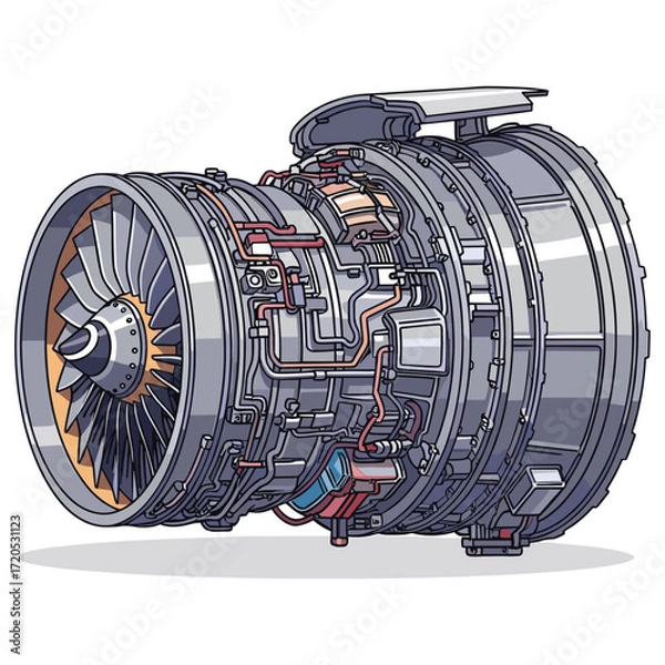Fototapeta Vector Illustration of Jet Engine in Modern Style with Technical Detail and Metallic Colors