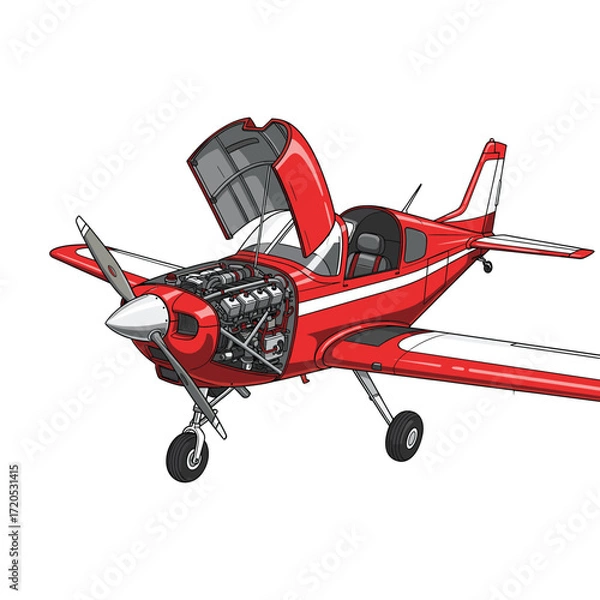 Fototapeta Vector Illustration of Small Red Single-Engine Aircraft with Open Hood in Modern Style