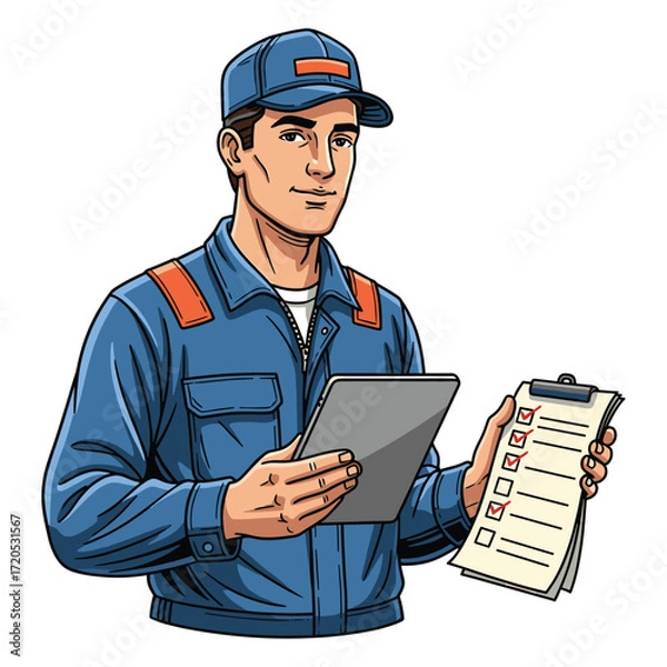 Fototapeta Vector Illustration of Delivery Person in Modern Style with Cap Uniform Holding Tablet and Clipboard