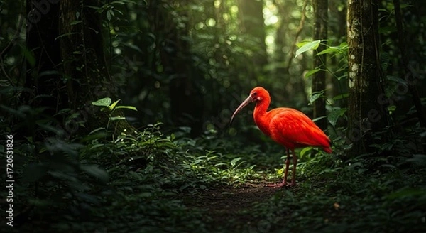 Fototapeta Scarlet Ibis in a Lush Rainforest Setting with Sunlit Canopy and Dense Vegetation