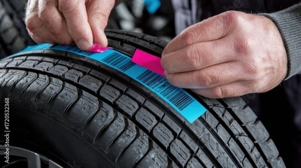 Fototapeta Hands Applying Colorful Labels to Tire for Inventory Management