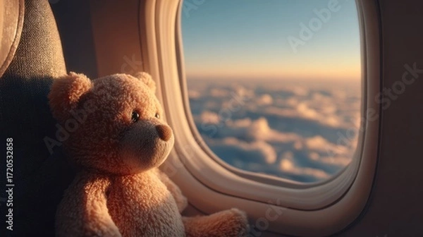 Fototapeta Soft Teddy Bear Sitting by an Airplane Window with Cloudy Sky