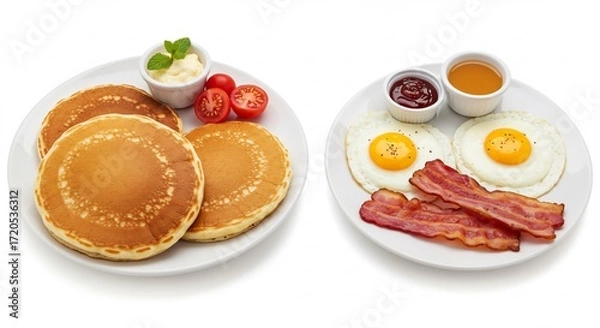 Fototapeta Fluffy pancakes golden eggs crispy bacon delicious breakfast plate. AI Generated
