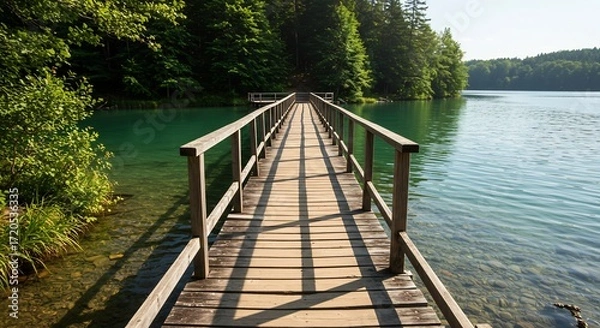 Fototapeta Serene wooden walkway extends over tranquil turquoise lake bathed in soft morning sunlight. AI Generated