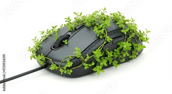 Fototapeta Overgrown computer mouse subtly blends technology nature. AI Generated