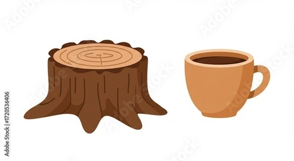 Fototapeta Rustic tree stump and warm coffee cup sit side by side in soft light. AI Generated