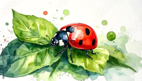 Obraz Watercolor ladybug on verdant leaf a vibrant artistic depiction