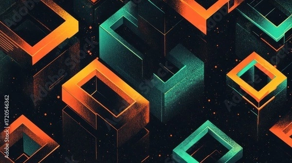 Fototapeta Abstract Geometric Composition:  Interlocking Orange and Teal Cubes in a Dark Space