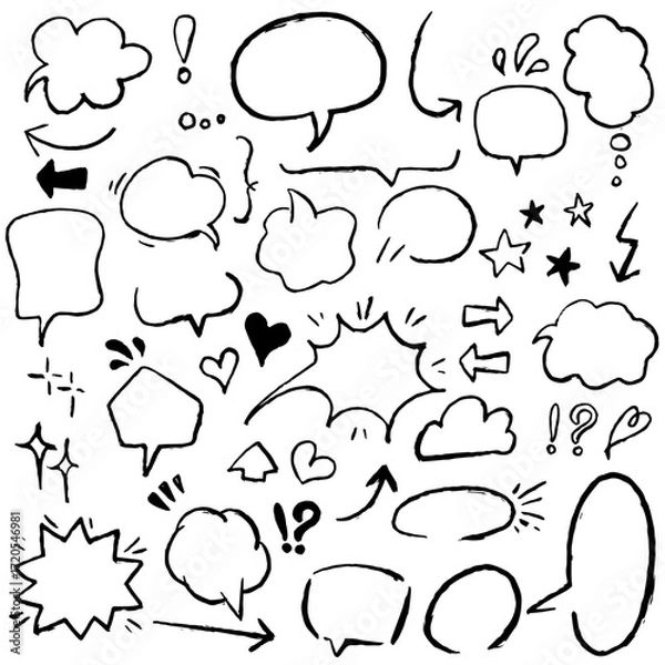 Obraz 手描き風のふきだしのイラスト素材セット。白背景にベクターイラスト。