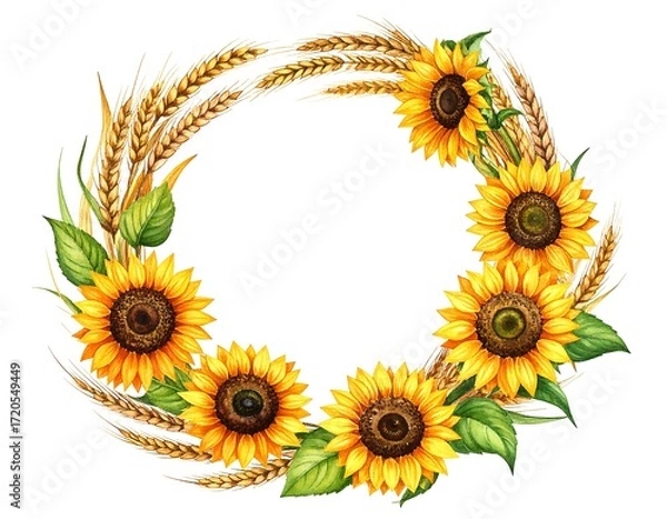 Obraz Watercolor sunflower and wheat wreath design