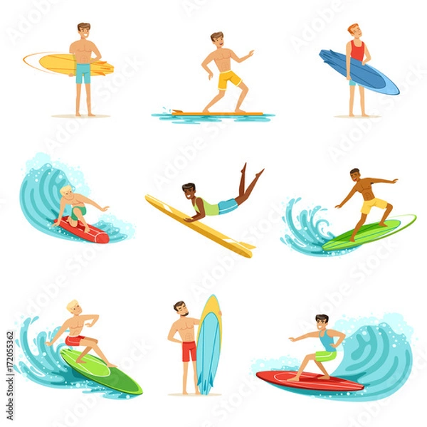 Fototapeta Surfboarders riding on waves set, surfer men with surfboards in different poses vector Illustrations
