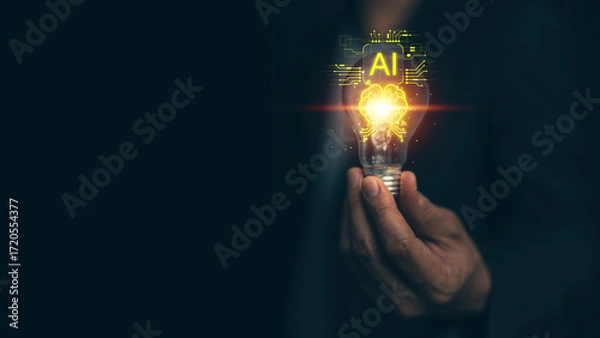 Fototapeta Hand holding glowing light bulb with AI brain circuitry, symbolizing artificial intelligence, machine learning, innovation, digital education, smart technology, creativity, future knowledge concept.
