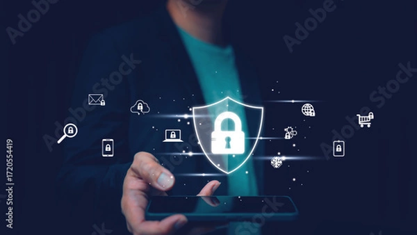 Fototapeta Businessman holding smartphone with glowing security shield lock icon, symbolizing cybersecurity, mobile data protection, online privacy, secure network, e-commerce safety and digital security system.