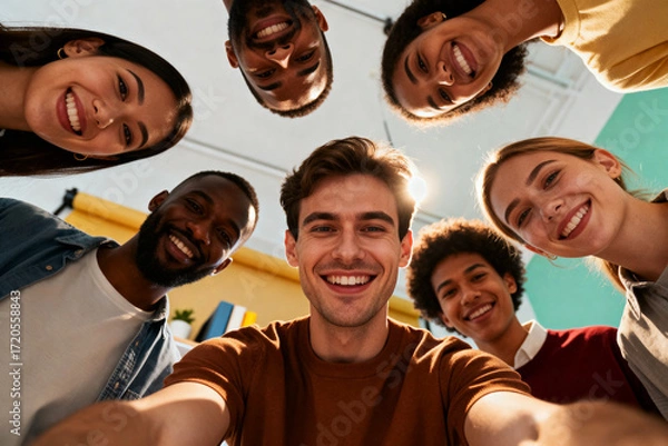 Fototapeta a group of young people with diverse skin tones gathered in a circle, smiling. unity, friendship, inclusivity, and positive social interaction in a warm and uplifting moment.Generated by AI