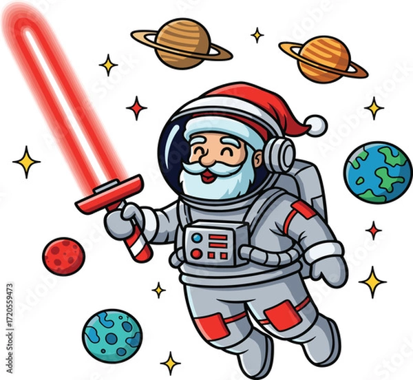 Fototapeta Space Explorer Santa Astronaut Floating with Candy Cane Laser.