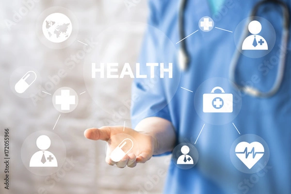 Fototapeta Doctor pushing button health service virtual healthcare network medicine