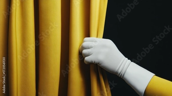 Fototapeta Hand in glove opening yellow curtain.