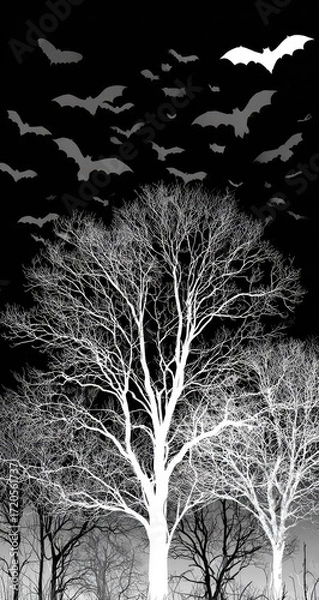 Fototapeta Bare trees and bats in a dark monochrome landscape.