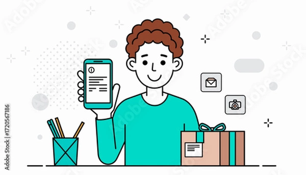 Fototapeta A young man demonstrates online delivery confirmation on a smartphone in the office, minimalist design  
