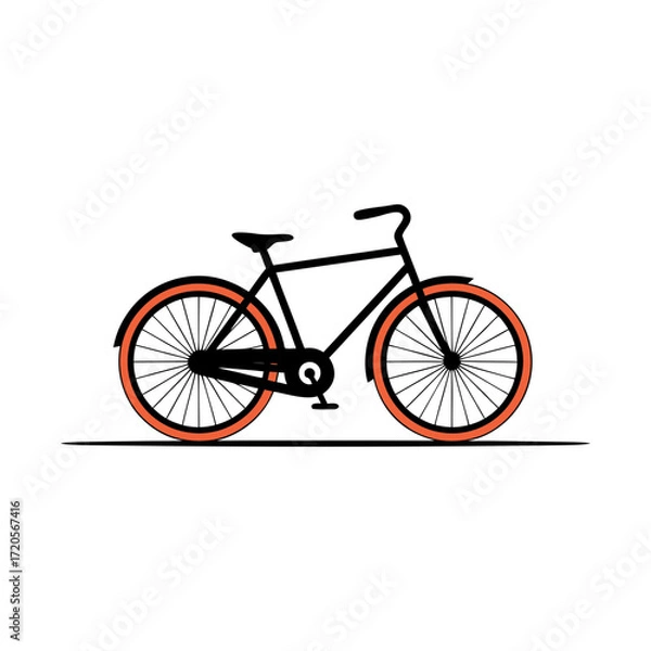 Fototapeta Simple black bicycle with orange tires in flat style illustration on white background vector illustration